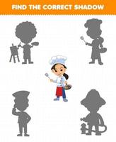 Education game for children find the correct shadow set of cute cartoon profession chef printable worksheet vector