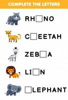Education game for children complete the letters from cute savanna animal name printable worksheet