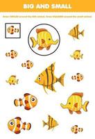 juego educativo para niños organizar por tamaño grande o pequeño dibujando un círculo y un cuadrado de una linda hoja de trabajo imprimible de peces animales submarinos amarillos de dibujos animados vector