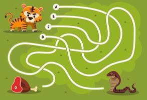 Maze puzzle game for children with cute cartoon animal tiger snake and beef printable worksheet
