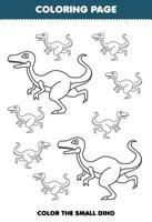 Education game for children coloring page big or small picture of cute cartoon prehistoric dinosaur velociraptor line art printable worksheet