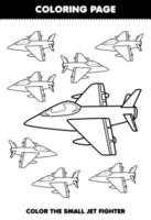 Education game for children coloring page big or small picture of cute cartoon jet fighter transportation line art printable worksheet vector