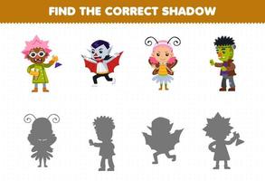 Education game for children find the correct shadow set of cute cartoon scientist dracula frankenstein costume halloween printable worksheet vector