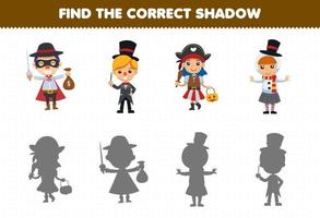 juego educativo para niños encontrar la sombra correcta conjunto de dibujos animados lindo ladrón mago pirata niña muñeco de nieve disfraz halloween hoja de trabajo imprimible vector