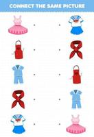 Education game for children connect the same picture of cartoon wearable clothes tutu apron pajama uniform scarf printable worksheet vector