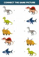 juego educativo para niños conecta la misma imagen de una linda hoja de trabajo imprimible de dinosaurio prehistórico de dibujos animados vector