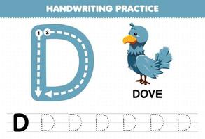 Education game for children handwriting practice with uppercase letters D for dove printable worksheet vector