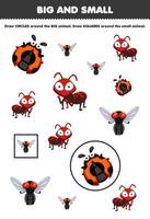 juego educativo para niños organizar por tamaño grande o pequeño dibujando un círculo y un cuadrado de una linda caricatura insecto animal mariquita mosca hormiga hoja de trabajo imprimible vector