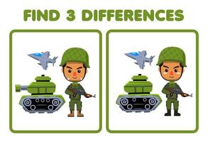 Education game for children find three differences between two cute cartoon soldier profession printable worksheet vector