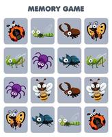 juego de educación para la memoria de los niños para encontrar imágenes similares de la hoja de trabajo imprimible de animales de insectos de dibujos animados lindos vector