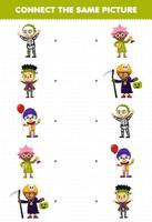 Education game for children connect the same picture of cute cartoon skeleton frankenstein clown scientist costume halloween printable worksheet vector