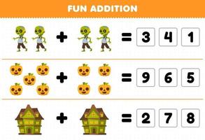 Education game for children fun addition by guess the correct number of cute cartoon pumpkin spooky house zombie halloween printable worksheet vector