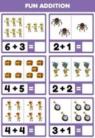 Education game for children fun addition by counting and sum of cute cartoon mummy spider chest bomb halloween printable worksheet vector