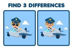 Education game for children find three differences between two cute cartoon pilot profession printable worksheet vector