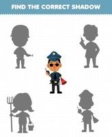 Education game for children find the correct shadow set of cute cartoon profession police printable worksheet vector