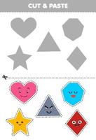 Education game for children cut and paste cute cartoon geometric shapes heart triangle heptagon star rhombus to the correct part printable worksheet vector