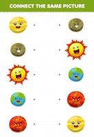 juego educativo para niños conecte la misma imagen de dibujos animados lindo sistema solar sol venus mercurio tierra marte planeta hoja de trabajo imprimible vector