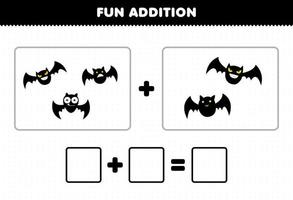 Education game for children fun addition by counting cute cartoon flying bat pictures printable halloween worksheet vector