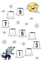 Education game for complete the sequence of number with cute cartoon werewolf and moon picture halloween printable worksheet vector