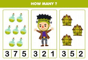 Education game for children counting how many cute cartoon potion frankenstein costume and haunted house halloween printable worksheet vector