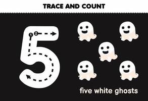 Education game for children tracing number five and counting of cute cartoon white ghosts halloween printable worksheet vector