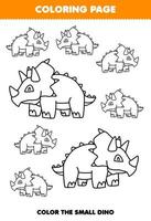 juego educativo para niños página para colorear imagen grande o pequeña de dibujos animados lindo dinosaurio prehistórico triceratops arte lineal hoja de trabajo imprimible vector