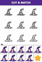 Educational game for kids count the dots on each silhouette and match them with the correct numbered purple wizard hat halloween printable worksheet vector