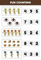 Education game for children fun counting and choosing the correct number of cute cartoon treasure chest spider mummy halloween printable worksheet vector