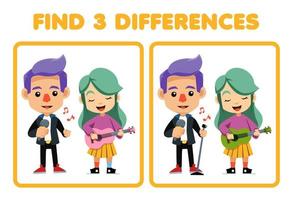juego educativo para niños encuentra tres diferencias entre dos lindos dibujos animados músico cantante y guitarrista profesión hoja de trabajo imprimible vector