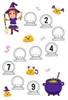 Education game for complete the sequence of number with cute cartoon witch and magic cauldron picture halloween printable worksheet vector