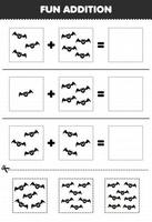 Education game for children fun addition by cut and match of cute cartoon black bat pictures for halloween printable worksheet vector