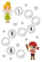 juego educativo para completar la secuencia de números con una linda hada de dibujos animados y una imagen de niño pirata hoja de trabajo imprimible de halloween