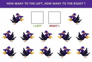 Education game for children of counting left and right picture of cute cartoon crow with hat halloween printable worksheet vector