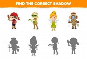 juego educativo para niños encontrar la sombra correcta conjunto de dibujos animados lindo niño pirata momia hada niña disfraz halloween hoja de trabajo imprimible
