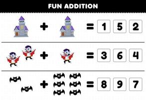 Education game for children fun addition by guess the correct number of cute cartoon bat castle dracula costume halloween printable worksheet vector