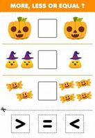 Education game for children more less or equal count the amount of cute cartoon pumpkin corn candy then cut and glue cut the correct sign halloween worksheet