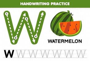 Education game for children handwriting practice with uppercase letters W for watermelon printable worksheet vector