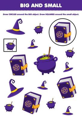 Education game for children arrange by size big or small by drawing circle and square of cute cartoon wizard hat cauldron magic book halloween printable worksheet