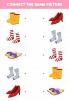 Education game for children connect the same picture of cartoon wearable clothes boot sock slipper heel printable worksheet vector