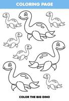 Education game for children coloring page big or small picture of cute cartoon prehistoric dinosaur plesiosaur line art printable worksheet vector