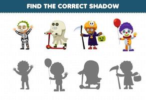 Education game for children find the correct shadow set of cute cartoon skeleton mummy clown costume halloween printable worksheet vector