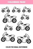 juego educativo para niños página para colorear imagen grande o pequeña de una linda caricatura moto transporte línea arte hoja de trabajo imprimible vector