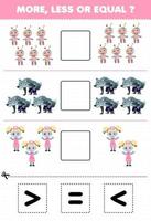 Education game for children more less or equal count the amount of cute cartoon voodoo doll werewolf zombie nurse costume then cut and glue cut the correct sign halloween worksheet vector