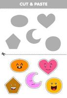 Education game for children cut and paste cute cartoon geometric shapes oval heart pentagon crescent circle to the correct part printable worksheet vector