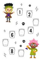 Education game for complete the sequence of number with cute cartoon frankenstein and scientist costume picture halloween printable worksheet