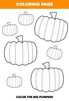 Education game for children coloring page big or small picture of cute cartoon pumpkin vegetable line art printable worksheet vector