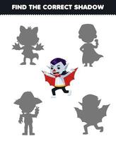 Education game for children find the correct shadow set of cute cartoon dracula costume halloween printable worksheet vector