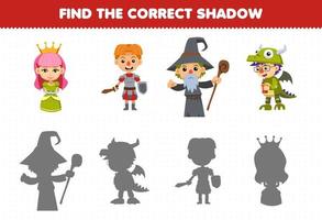 Education game for children find the correct shadow set of cute cartoon queen knight wizard dragon boy costume halloween printable worksheet vector