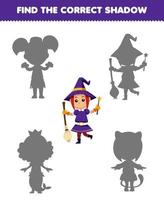 juego educativo para niños encontrar la sombra correcta conjunto de dibujos animados lindo disfraz de bruja hoja de trabajo imprimible de halloween vector
