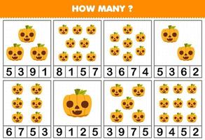 juego educativo para niños contando cuántos objetos en cada mesa de calabaza de dibujos animados con cara hoja de trabajo imprimible de halloween vector